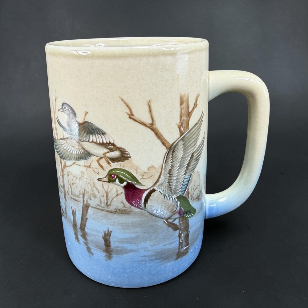 Otagiri Japan Wood Duck Flying Mallard Stoneware Mug Blue Cream Marsh Scene 5in